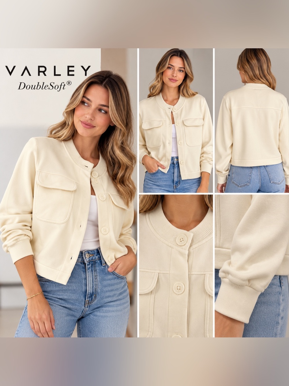 Varley DoubleSoft Cream Button Front Jacket XXS Utility Pocket Sweatshirt